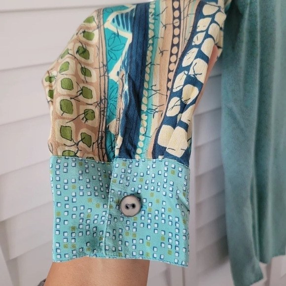 KOOS Blue Geo Print Vintage 100% Silk Button-up Long-Sleeve Tunic Shirt Size L - Picture 4 of 11